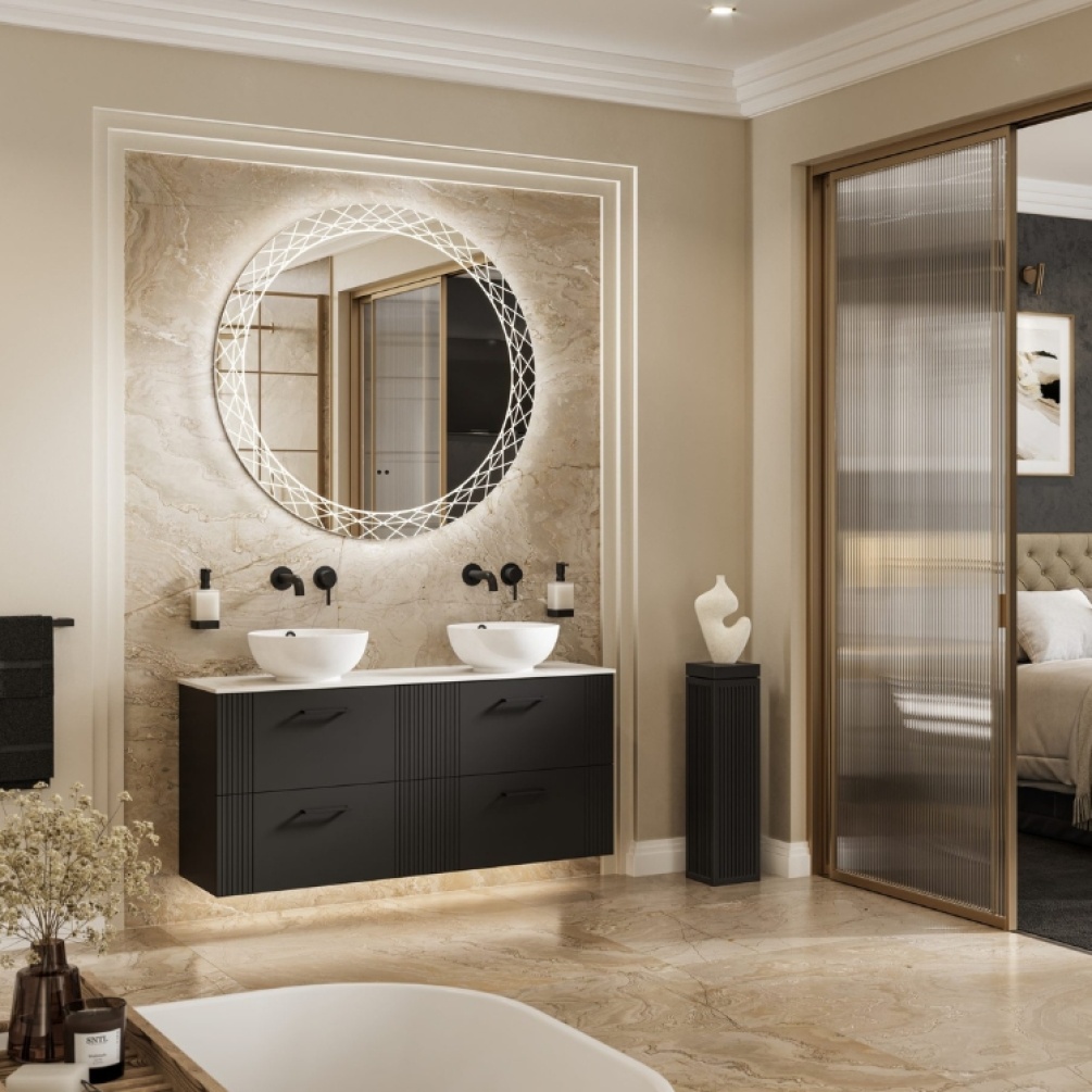 Product Lifestyle image of the HIB Bellus 1000mm Ornate Round LED Bathroom Mirror